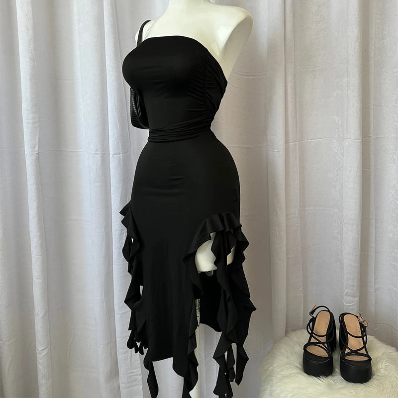 Women Strapless Sexy Floral Fold Hemline High Slit Mini Dress 2024 Solid Backless Sleeveless Black And Pink Party Dress Vestidos - Smarsty