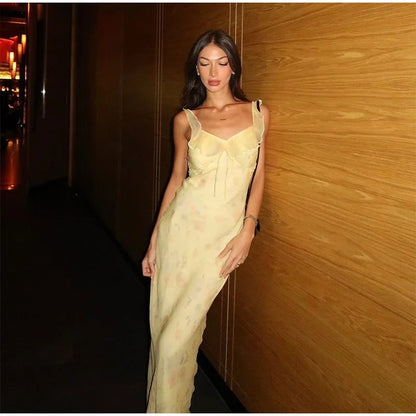 Summer Flower Printed Women's Sexy Low-cut Dress Sleeveless Backless Slim Sling Dresses 2025 Beach Vacation Lady Vestidos