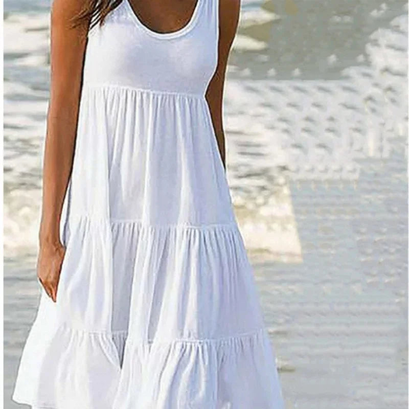 Bohemian Women's Casual O Neck Sleeveless Ruffle Mini Dress Solid Color Beach Tank Top Oversized Loose Dress Plus Size Women3029 - Smarsty