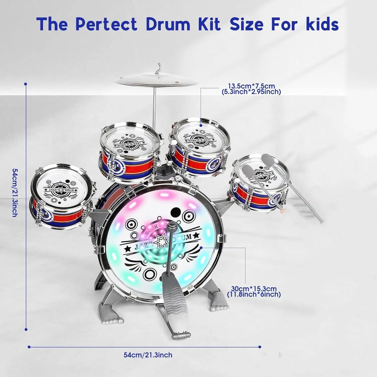 Mini Jazz Drum Set 6 Drums with Stool Musical Instruments Toy Birthday Gift for Beginners Boys Girls (with LED Light)