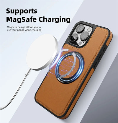 360 Rotating Metal Ring Stand Magnetic Leather Case for IPhone 17 Air 15 14 13 12 11 16 Pro Max Plus 15Pro Magsafe Holder Cover