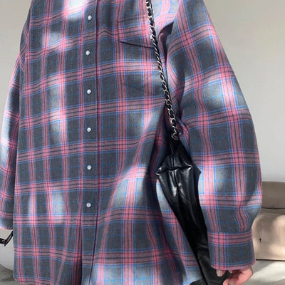 Oversized Plaid Shirt Autumn Winter Women Vintage Long Sleeve Fashion Loose Lapel Pocket Shirt Fit Blouse Korean Style - Smarsty