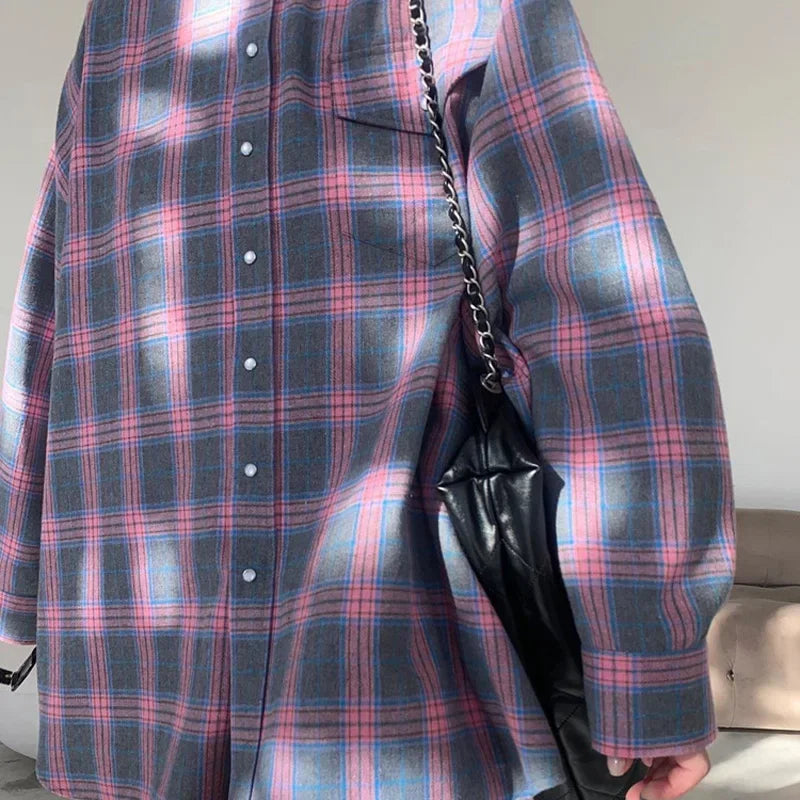 Oversized Plaid Shirt Autumn Winter Women Vintage Long Sleeve Fashion Loose Lapel Pocket Shirt Fit Blouse Korean Style - Smarsty