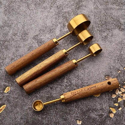 Gold Wooden Handle Stainless Steel Measuring Cups Set - Smarsty