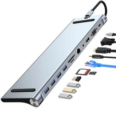 11 in 1 USB C Docking Station with 4K HDMI-Compatible VGA Ethernet USB C Dock 100W PD SD/TF Audio Type C Hub 1* USB 3.0 3*USB2.0 - Smarsty