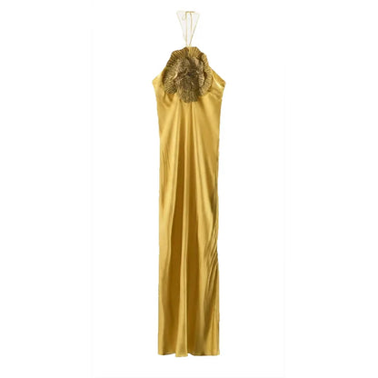Elegant Party Women's Dress 3D Flower Halter Sleeveless Backless Mermaid Satin Female Dresses 2025 Summer Chic Evening Lady Robe