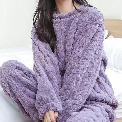 Autumn Women Solid Warm 2 Piece Sets Thicken Velvet Ribbed Fleece Set Pullover And Pants Women Casual Pajama Sets 2024 - Smarsty