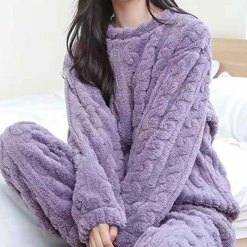Autumn Women Solid Warm 2 Piece Sets Thicken Velvet Ribbed Fleece Set Pullover And Pants Women Casual Pajama Sets 2024 - Smarsty