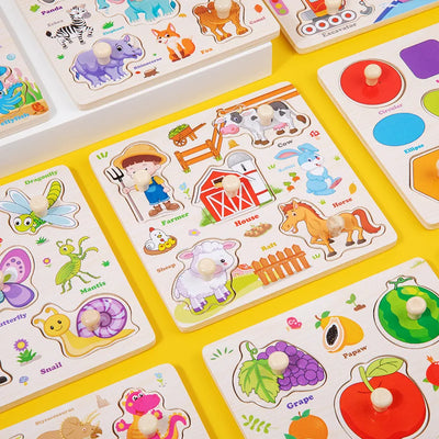 Wooden Puzzle Montessori Toys for Kids Cartoon Animal Traffic Hand Grab Boards Early Learning Educational Toys for Children - Smarsty