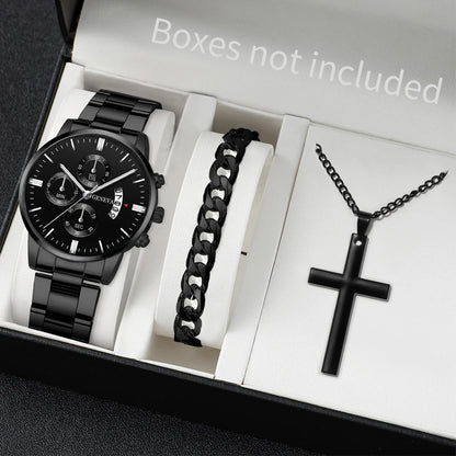 Men's Stainless Steel Quartz Watch Set with Calendar - Smarsty