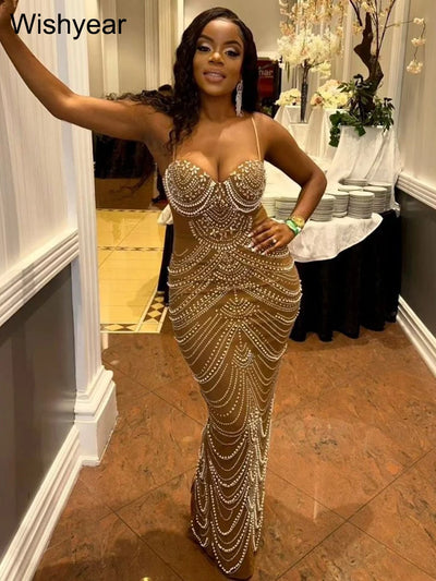 New Luxury Sparkly Crystal Rhinestone Pearl Celebrities Gown Brown Dress Woman Strap Evening Party Birthday Prom Wedding Vestido - Smarsty