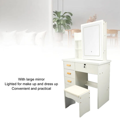 Vanity Table Dressing Table Modern Multi Functional Lighted Mirror Vanity Desk with Drawers Shelves Padded Stool for Bedroom