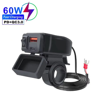 PD QC3.0 Motorcycle USB Fast Charger 60W Handlebar Dual USB Socket with Switch Voltmeter Waterproof 12V Power Supply Adapter - Smarsty