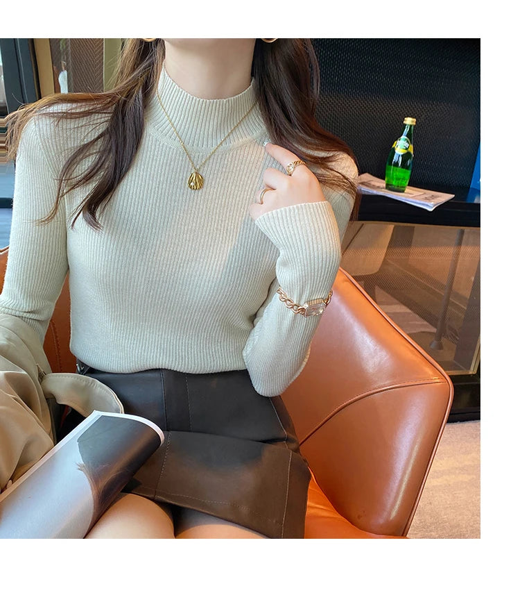Autumn Winter Mock Neck Women Sweater Vintage Basic Solid Knitted Korean Tops Casual Slim Pullover Sweaters Simple Chic Jumpers - Smarsty