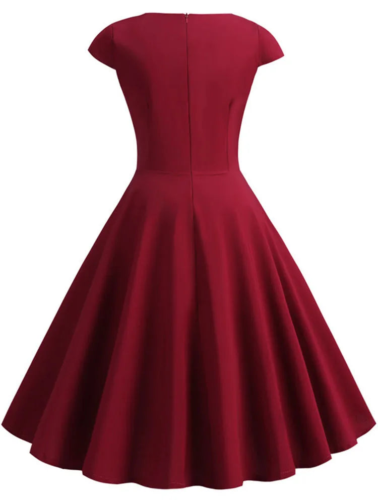 Pink Summer Dress Women V Neck Vintage Robe Elegant Retro pin up Party Office Midi Dresses - Smarsty