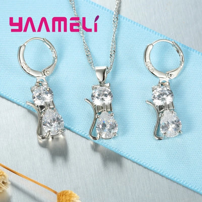 Real 925 Sterling Silver Cat Pendant Jewelry Set - Smarsty