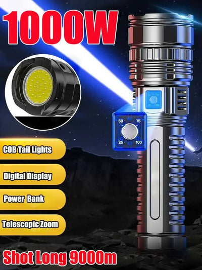 Ultra Bright LED Flashlight Powerful Tactical Torch 15000mah Built-in Battery Emergency Camping Spotlights With Tail Light by Smarsty