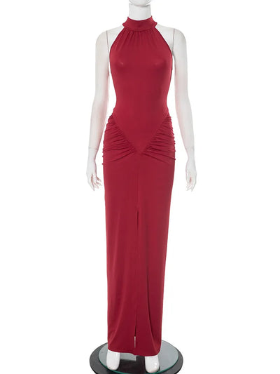 Mozision Halter Ruched Sleeveless Sexy Maxi Dress Women Gown Fashion Slim High Waist Evening Club Party Split Long Dress - Smarsty
