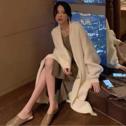 white Long Cardigan for women 2025 new winter clothes Knitted fluffy long sleeve Cashmere sweater coat korean style warm vintage - Smarsty