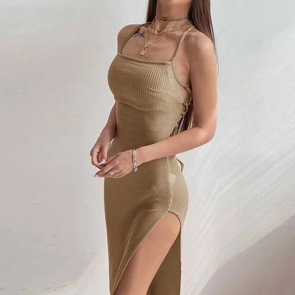 Sexy Black Long Bodycon Dress Women Summer Sleeveless Blackless Halter Neck Spaghetti Strap Dresses High Split Vestidos - Smarsty