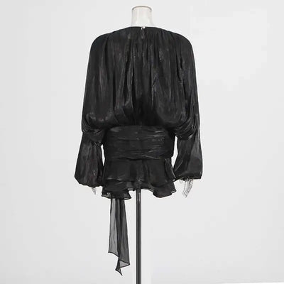 TWOTWINSTYLE Solid Blouse Mini Dresses For Women V Neck Long Sleeve Spliced Lace Up Sweet Style Dress Female Clothing Fashion - Smarsty