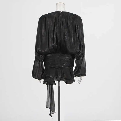 TWOTWINSTYLE Solid Blouse Mini Dresses For Women V Neck Long Sleeve Spliced Lace Up Sweet Style Dress Female Clothing Fashion - Smarsty