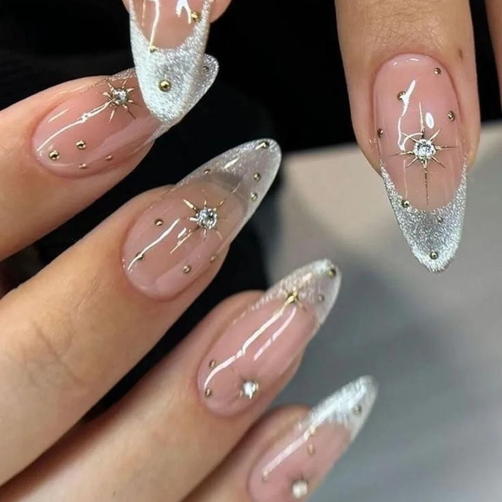 24 Pcs Metallic Cat Eye French Press On Nails - Smarsty