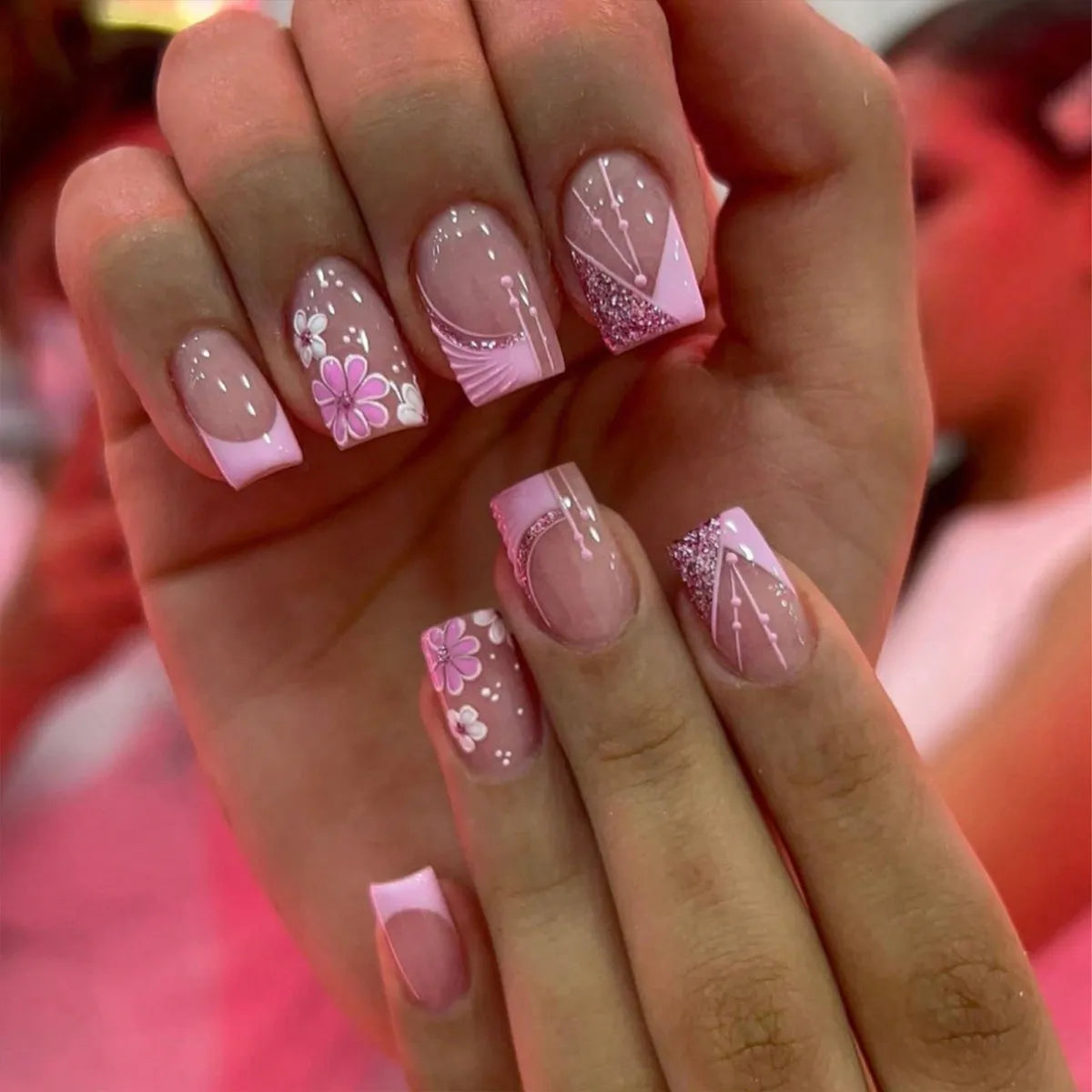 24 Pcs Short Square French Flower Nails Set - Smarsty