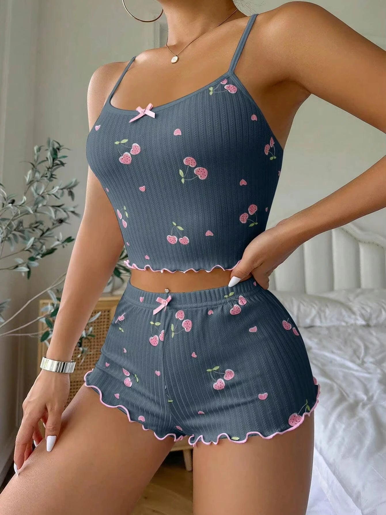 Sleepwear Women's Summer Pajama Set Heart Print Sexy Ribbed Bow Decor Round Neck Backless Crop Cami Top & Shorts Nightwear - Smarsty