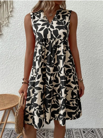 Women Boho Print Mini Dress Summer Elegant Sleeveless V Neck Ruffle A Line Tank Dress Casual Loose Oversize Beach Party Sundress - Smarsty