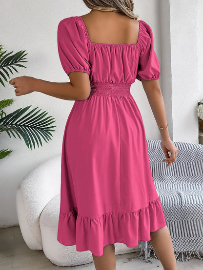 Women's MIidi Dresses 2024 Summer Casual Square Neck Short Sleeved Waist Ruffle Edge Dress Dress Women Elegant Платья Женские - Smarsty