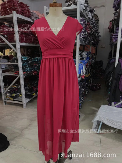 Women's Short-Sleeved Chiffon Evening Dress, Female Party Dress, Monochromatic, Bohemian, Long, Elegant, New, 2022 - Smarsty