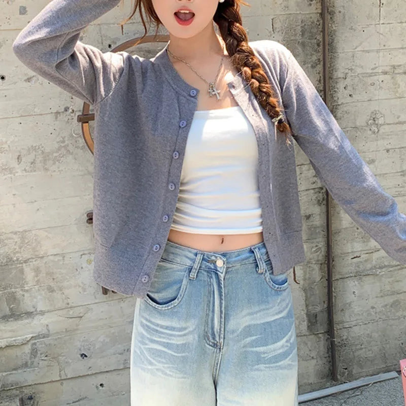 Women's Long Sleeve 2025 Cardigan O Neck Button Down Knit Lady Autumn Spring Knitted Single-breasted Cardigan Sweaters - Smarsty