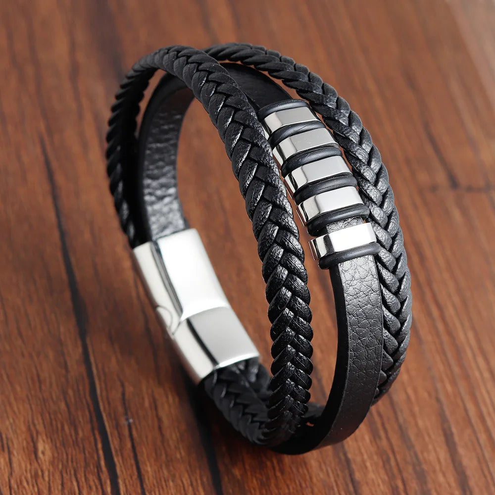 Men's Leather Charm Bracelet Stainless Steel Magnetic Clasp - Smarsty