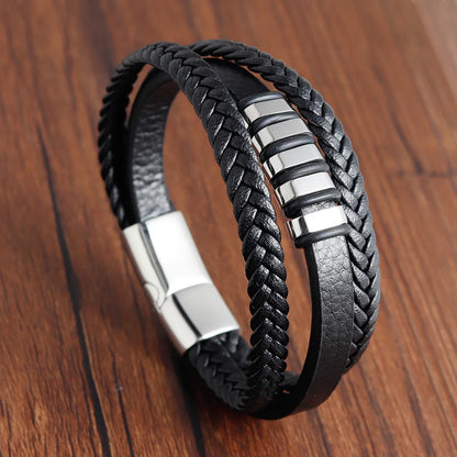 Men's Leather Charm Bracelet Stainless Steel Magnetic Clasp - Smarsty