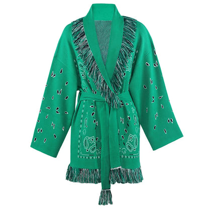 Tassel Patchwork Printed Cardigan Women Geometric Patterns Belts V-neck Long Sleeve Knitted Street Lady Sweater 2025 Autumn Coat - Smarsty