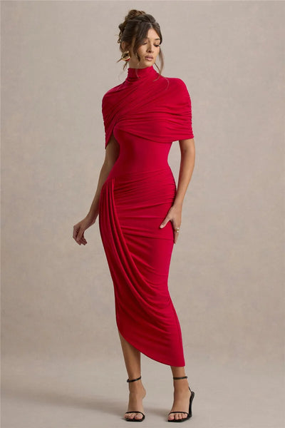Mozision Half Sleeve Backless Ruched Sexy Maxi Dress Women Summer New Turtleneck Slim High Waist Evening Club Party Long Dress - Smarsty