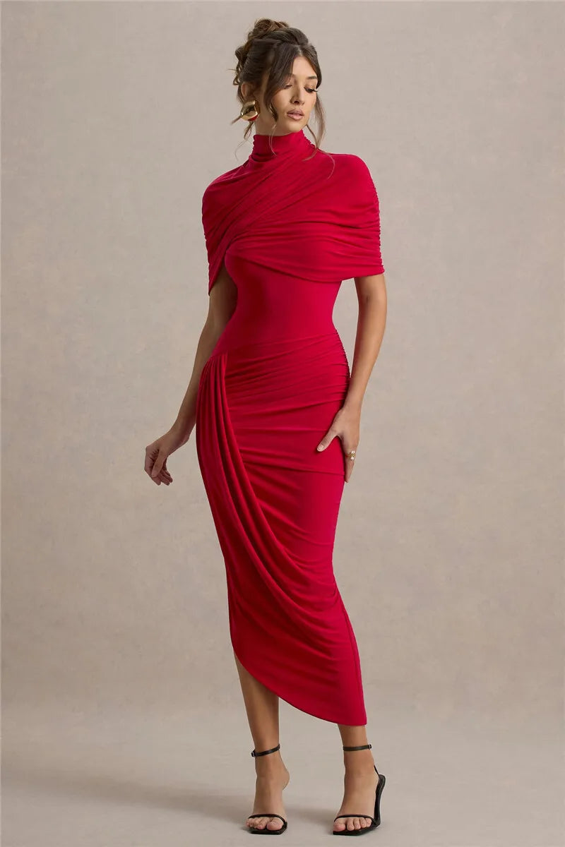 Mozision Half Sleeve Backless Ruched Sexy Maxi Dress Women Summer New Turtleneck Slim High Waist Evening Club Party Long Dress