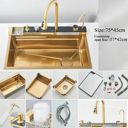Large Stainless Steel Kitchen Sink with Digital Faucet Display - Smarsty