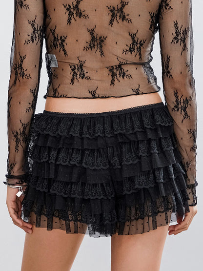 Women Mesh Lace Bloomer Shorts Y2k Layered Ruffle Frilly Booty Shorts Fairy Bowknot Sexy Boy Shorts Panties Party Clubwear - Smarsty