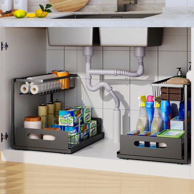 Under Sink 2 Tier Sliding Cabinet Basket Organizer Drawer Pull Out Cabinet Multi-Purpose Sink Organizer for Bathroom Kitchen by Smarsty