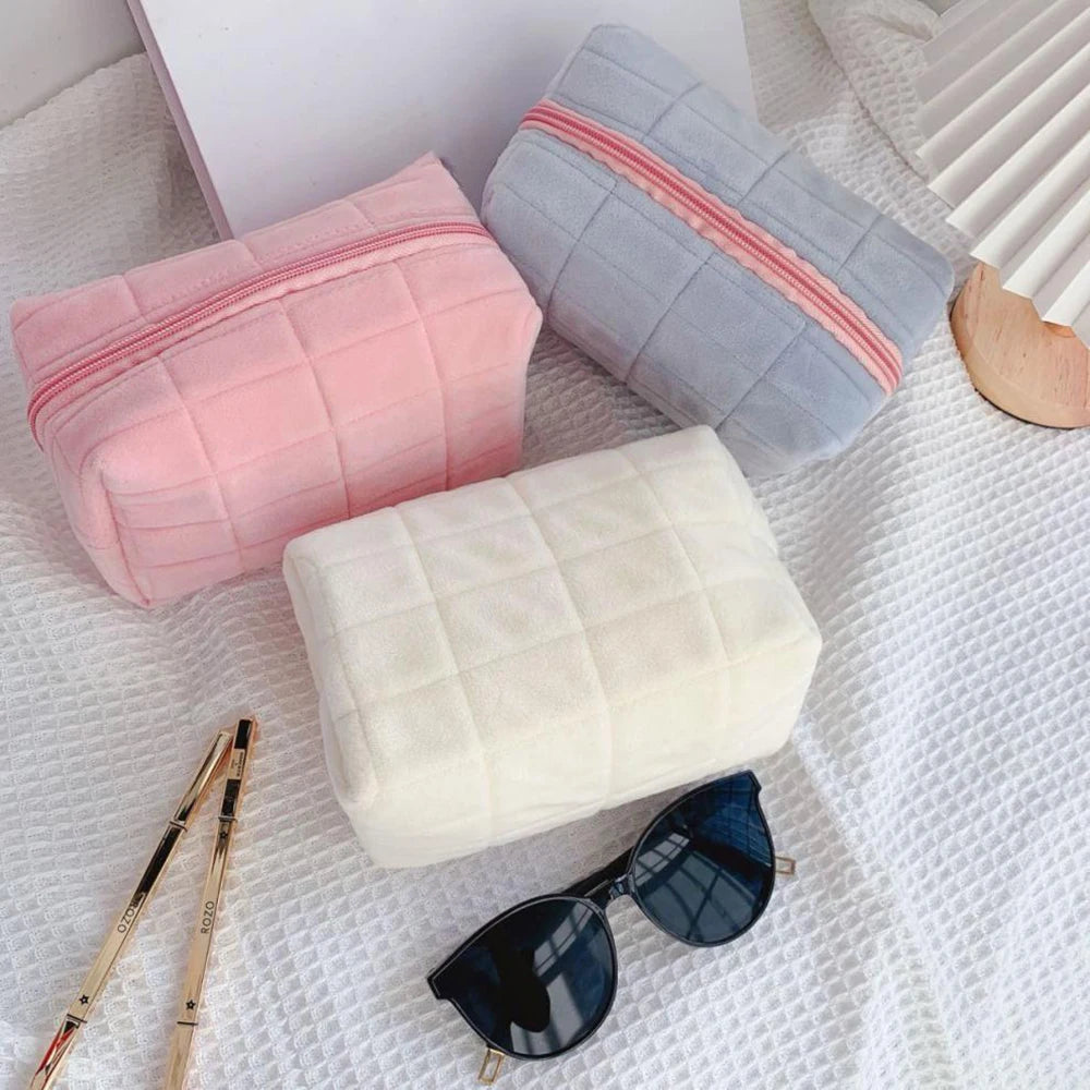 Cute Plush Makeup Bag for Women Portable Travel Small Cosmetic Bags Solid Color Zipper Toiletry Bag Washing Pouch Storage Bags - Smarsty