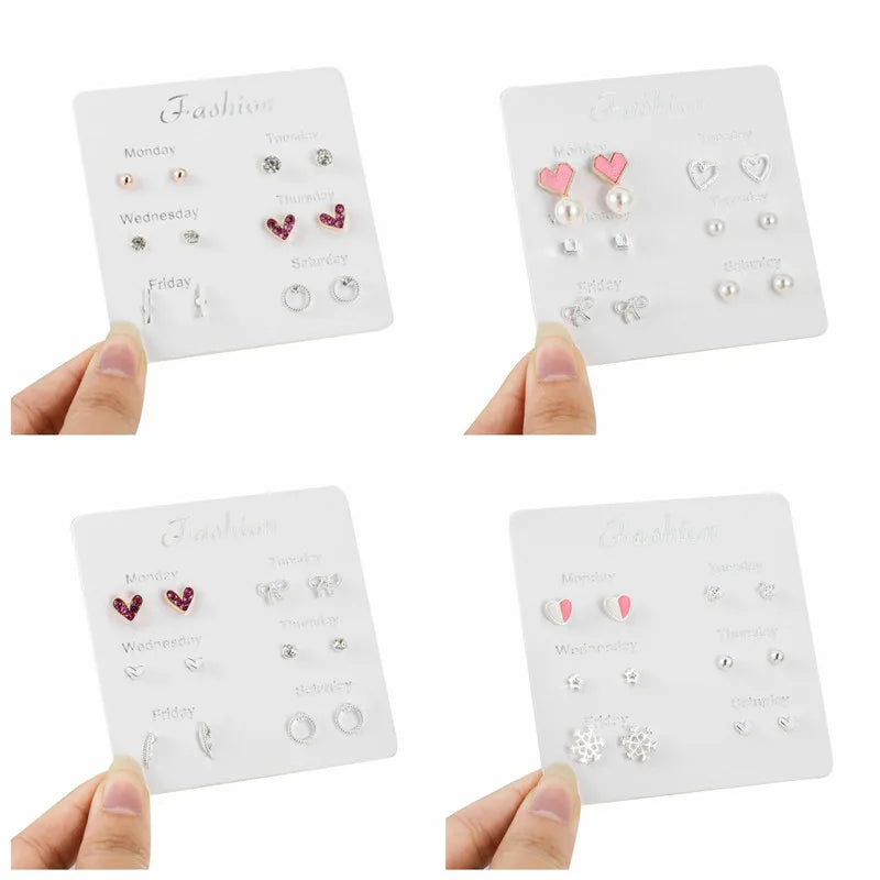 4 Pair Silver Heart Stud Earrings Set Cute Gift Everyday - Smarsty