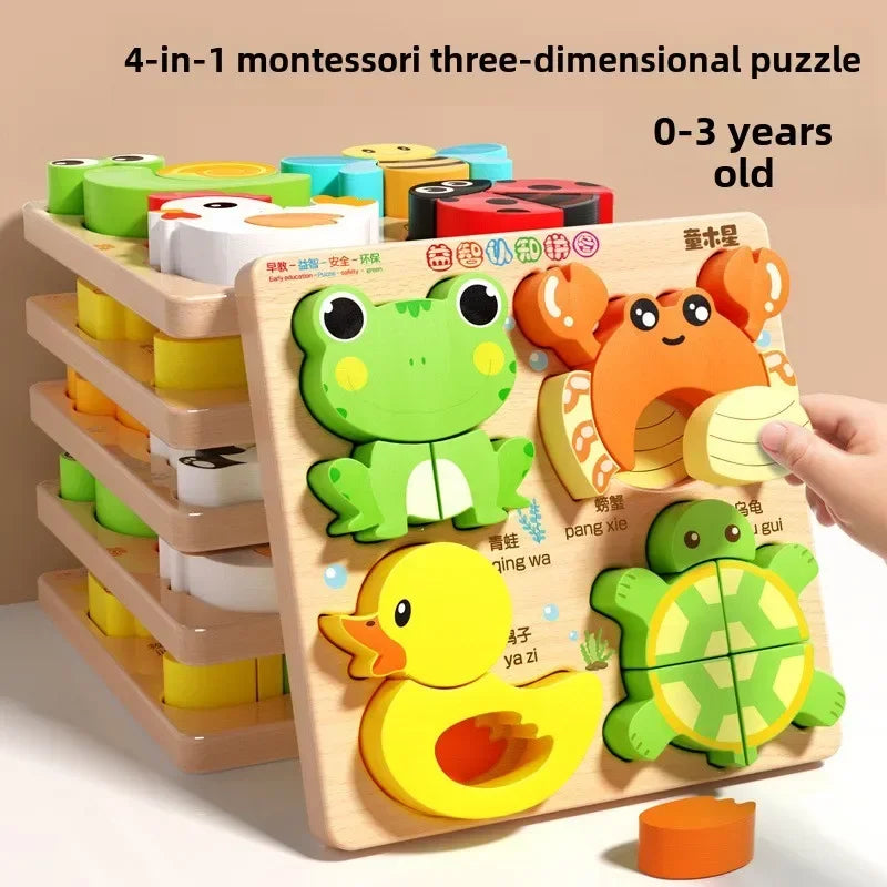 Montessori Cartoon 3D Wooden Puzzle Animal Traffic Jigsaw Toys for Kids Early Learning Educational Cognitive Game Children Gifts by Smarsty
