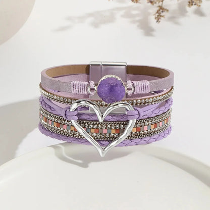 Women Leather Heart Charm Bracelet Rhinestone Wrap - Smarsty
