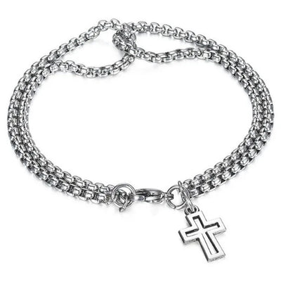 Mens Stainless Steel Double Chain Cross Bracelet Durable Hip Hop Jewelry - Smarsty