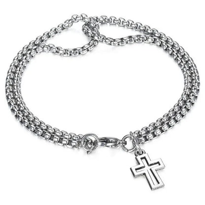 Mens Stainless Steel Double Chain Cross Bracelet Durable Hip Hop Jewelry - Smarsty