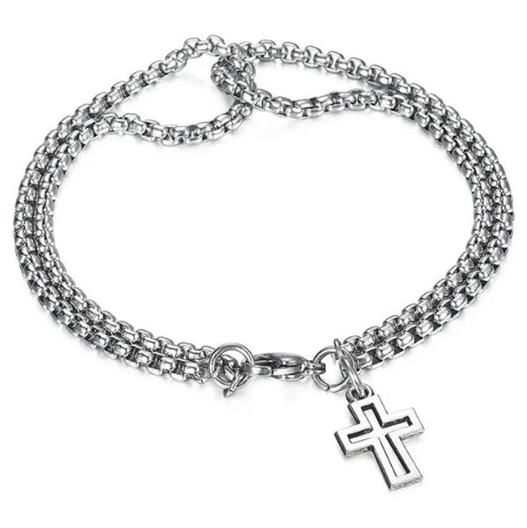 Mens Stainless Steel Double Chain Cross Bracelet Durable Hip Hop Jewelry - Smarsty