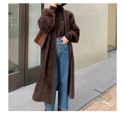 white Long Cardigan for women 2025 new winter clothes Knitted fluffy long sleeve Cashmere sweater coat korean style warm vintage - Smarsty