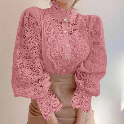 2025 French Style Spring Women Blouse Office Lady Flower Blouse Hollow Out Lace Stand Collar Button Shirt Female Clothing 12419 - Smarsty